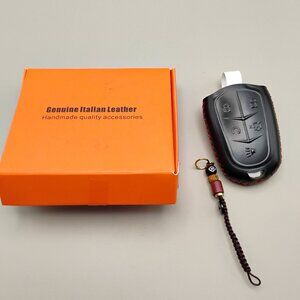 Cadtealir brand Cadillac black leather key fob cover unused short lanyard unused